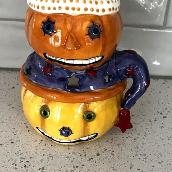 Halloween Porcelain Stacked Pumpkins Jack O Lanterns Tea Light Candle 11" x 5.5" - Picture 6 of 8